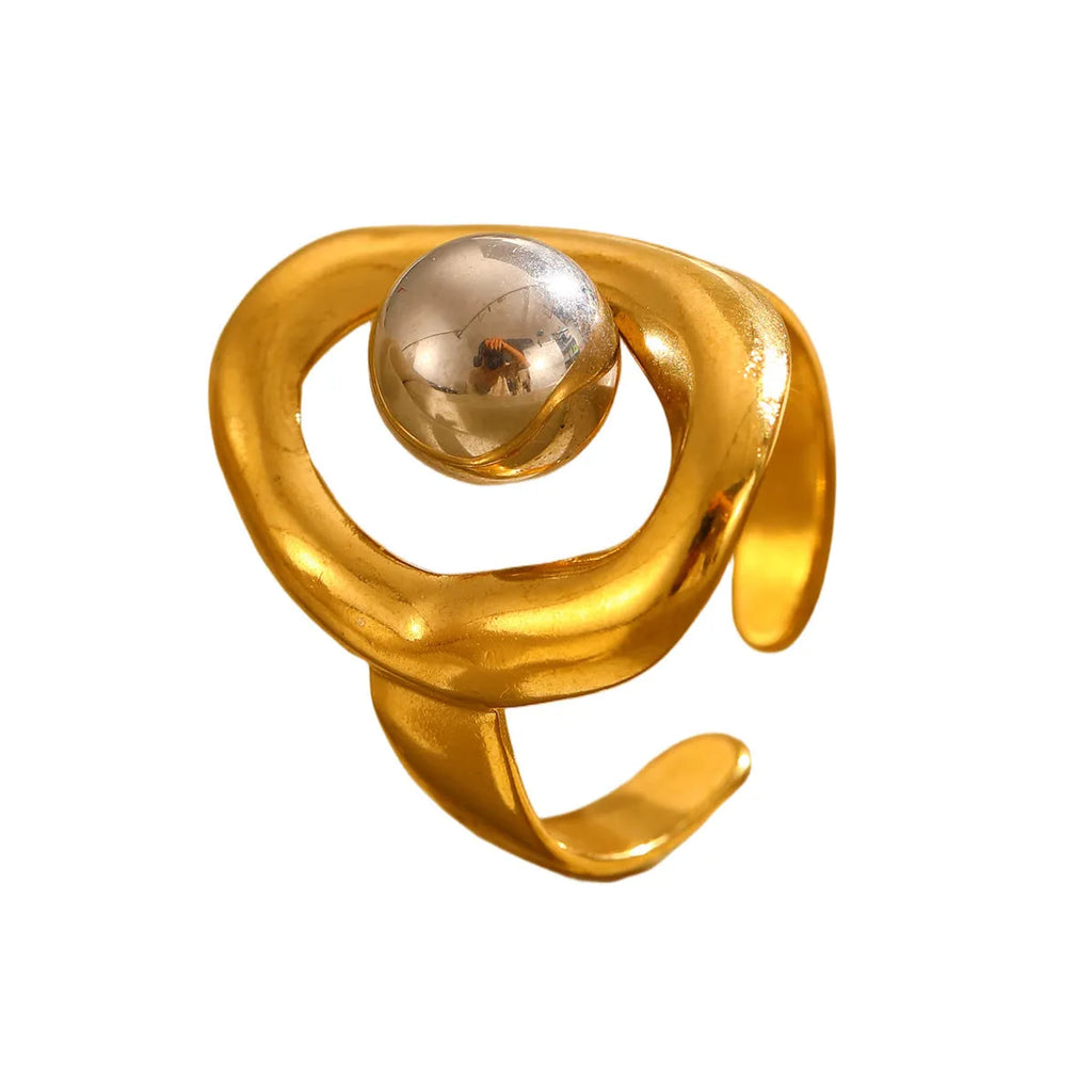 Stainless steel open ring with 18K real gold finish, geometric hollow line and ellipse shape for women