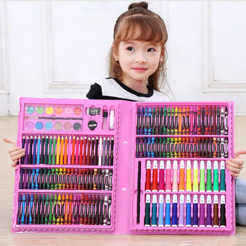 168-piece watercolour pen, oil pastel, and brush painting set in a plastic case, shown in black or pink