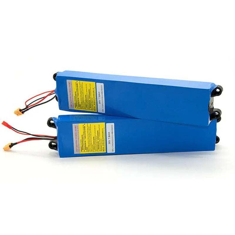 A 36V lithium battery pack for an electric scooter, showing capacity options of 6.6Ah, 7.8Ah, and 10.4Ah.