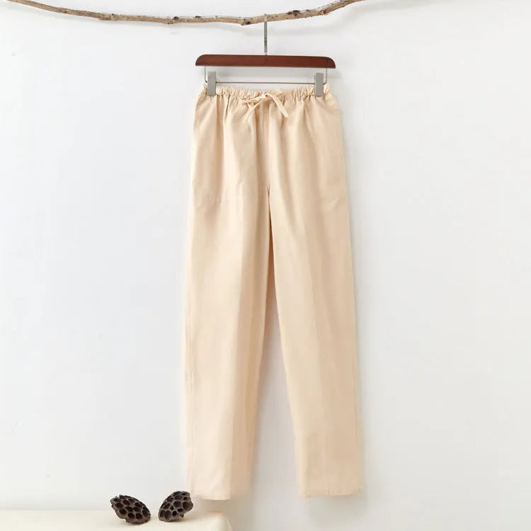 Men's solid colour pure cotton casual trousers with belt in mid waist design