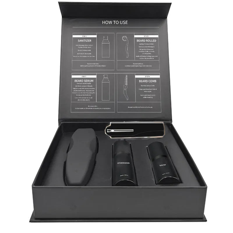 Men's beard grooming kit with beard roller and SPF50 moisturising formula in Suit series packaging