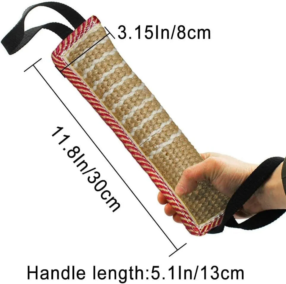 Beige jute dog tug toy with two fabric handles on a grey background.