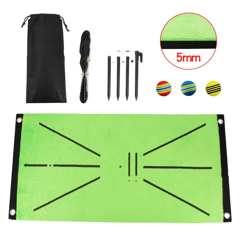 Indoor golf practice cutting pad with crystal swan suede surface and three rainbow balls on SBR base