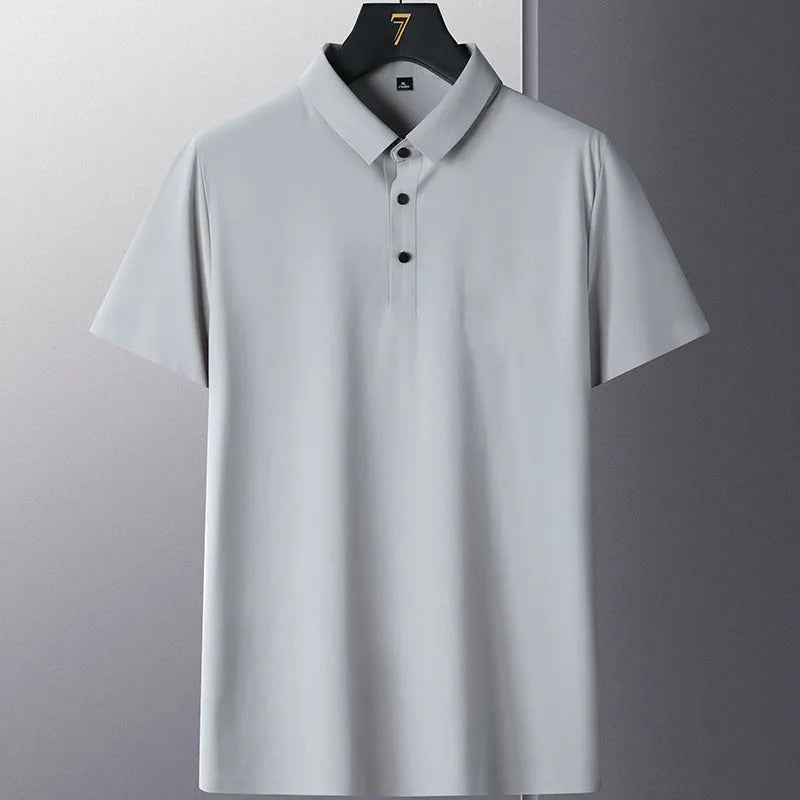 Non-ironing solid colour men's short sleeve business shirt on a hanger.
