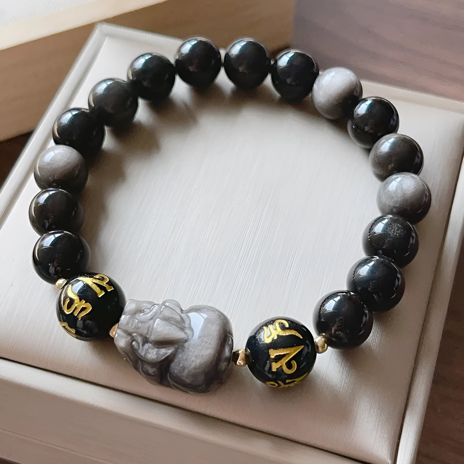 Men's natural silver stone bracelet with handcrafted Chinese zodiac engravings and beaded design
