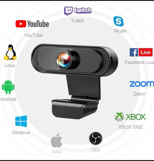 Black 2K HD USB webcam with built-in microphone, 45-degree tilt and 180-degree rotation, for desktop and laptop use.