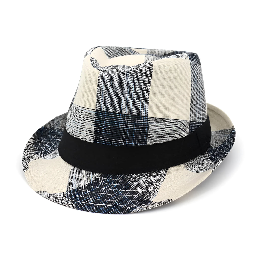 Blue bell-crown sun hat with a flat 4.5cm brim on a neutral background