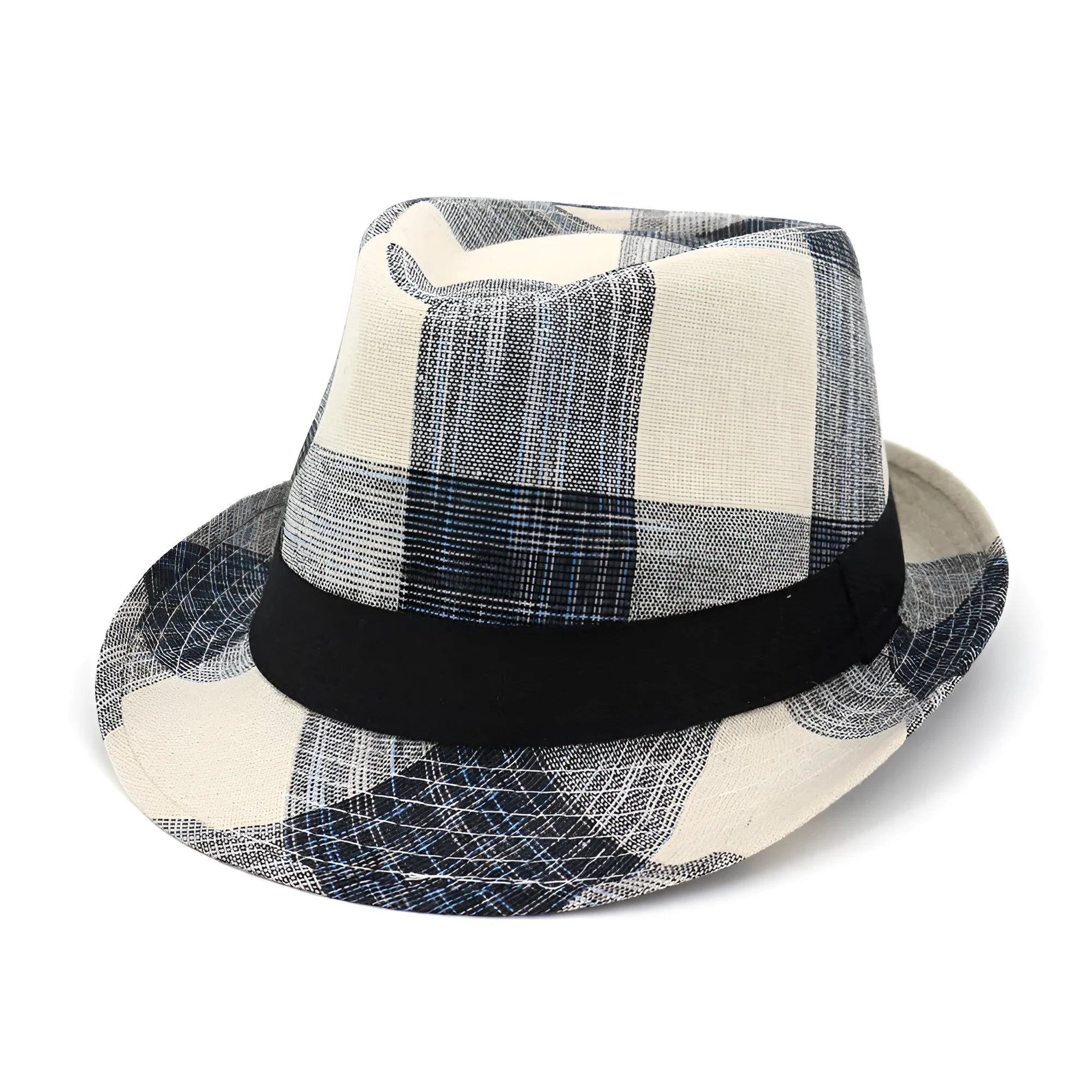 Blue bell-crown sun hat with a flat 4.5cm brim on a neutral background