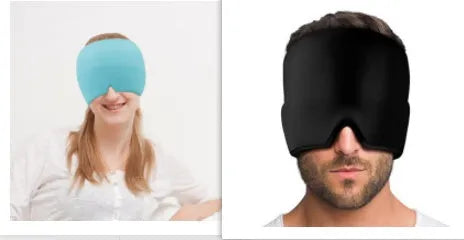 Black elastic cloth gel ice headache relief eye mask showing adjustable headband and cooling gel construction