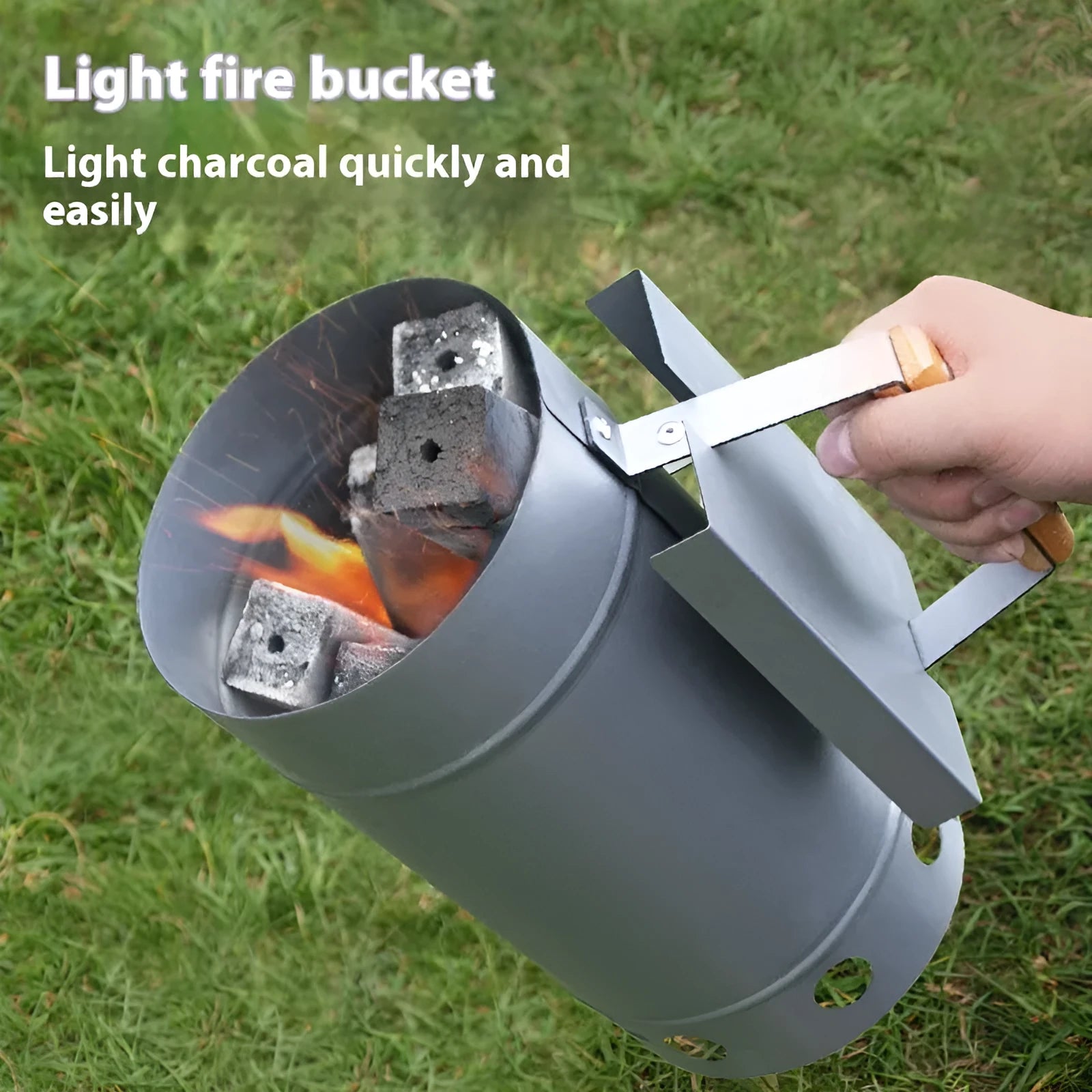 Zinc-iron alloy bamboo charcoal fire barbecue oven igniter with carbon bucket design on a patio.