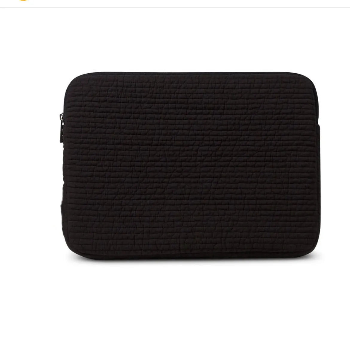 Black and white cotton clutch bag for tablets, shown in 11-inch, 13-14-inch, and 15-15.6-inch sizes with a coin pocket.