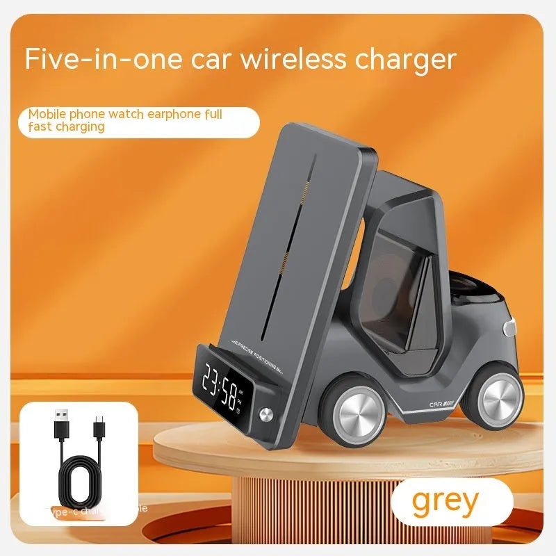 Grey 3-in-1 wireless charging stand holding a phone, smartwatch, and earbuds case at an angle.