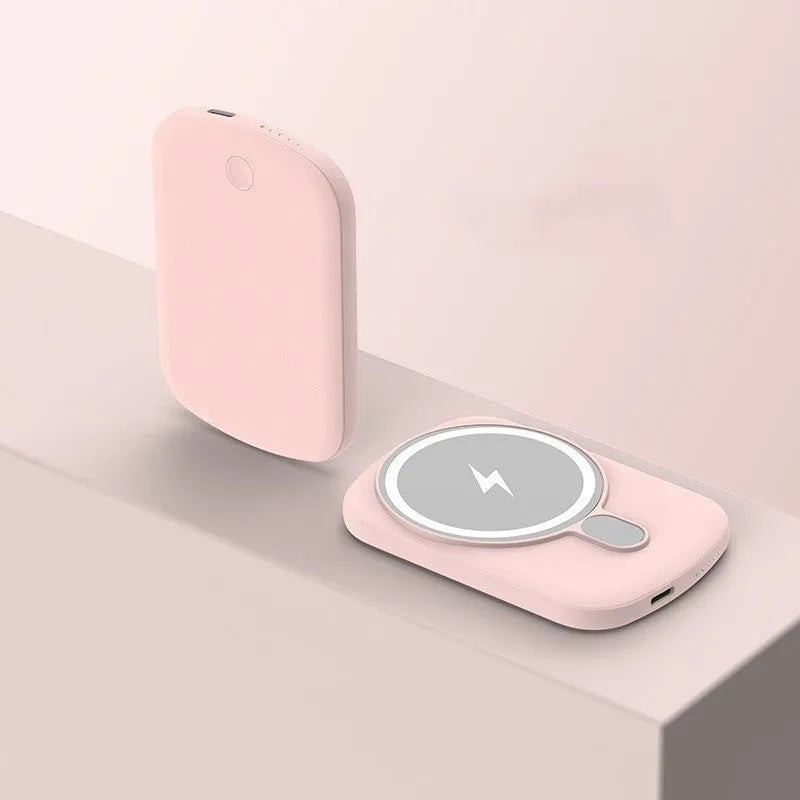 MagSafe magnetic wireless power bank in choice of colours and capacities on a table.