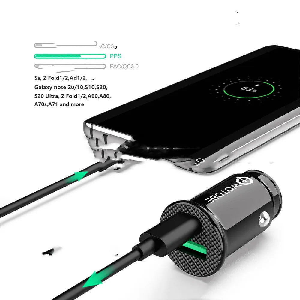 Black mini 30W car charger with PD QC3.0 and USB port, LED indicator, for 12V socket