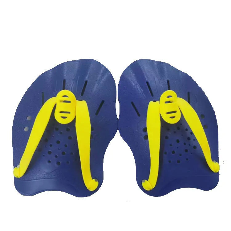 A pair of solid black webbed swimming training paddles with adjustable neoprene straps, shown on a blue background.