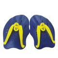 A pair of solid black webbed swimming training paddles with adjustable neoprene straps, shown on a blue background.