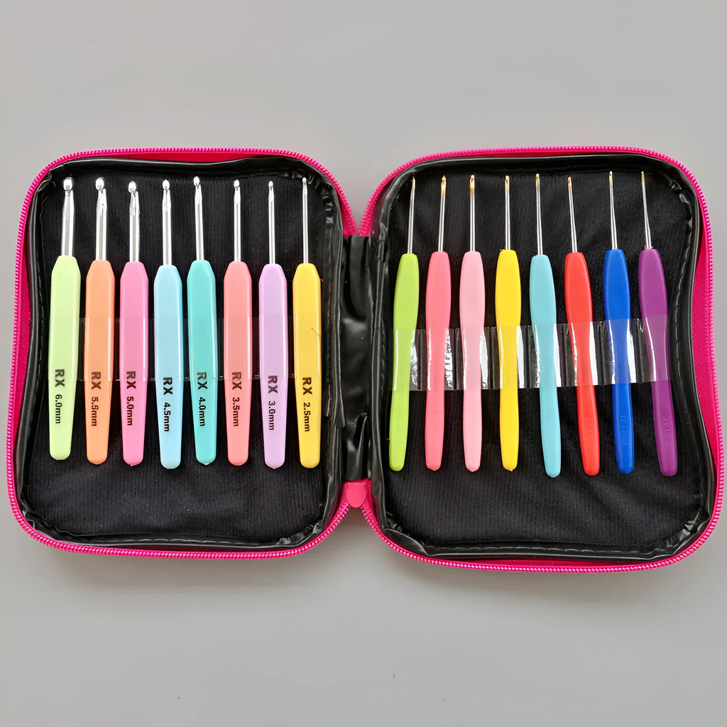 Set of 16 crochet hooks with different coloured handles in a grey PU storage bag