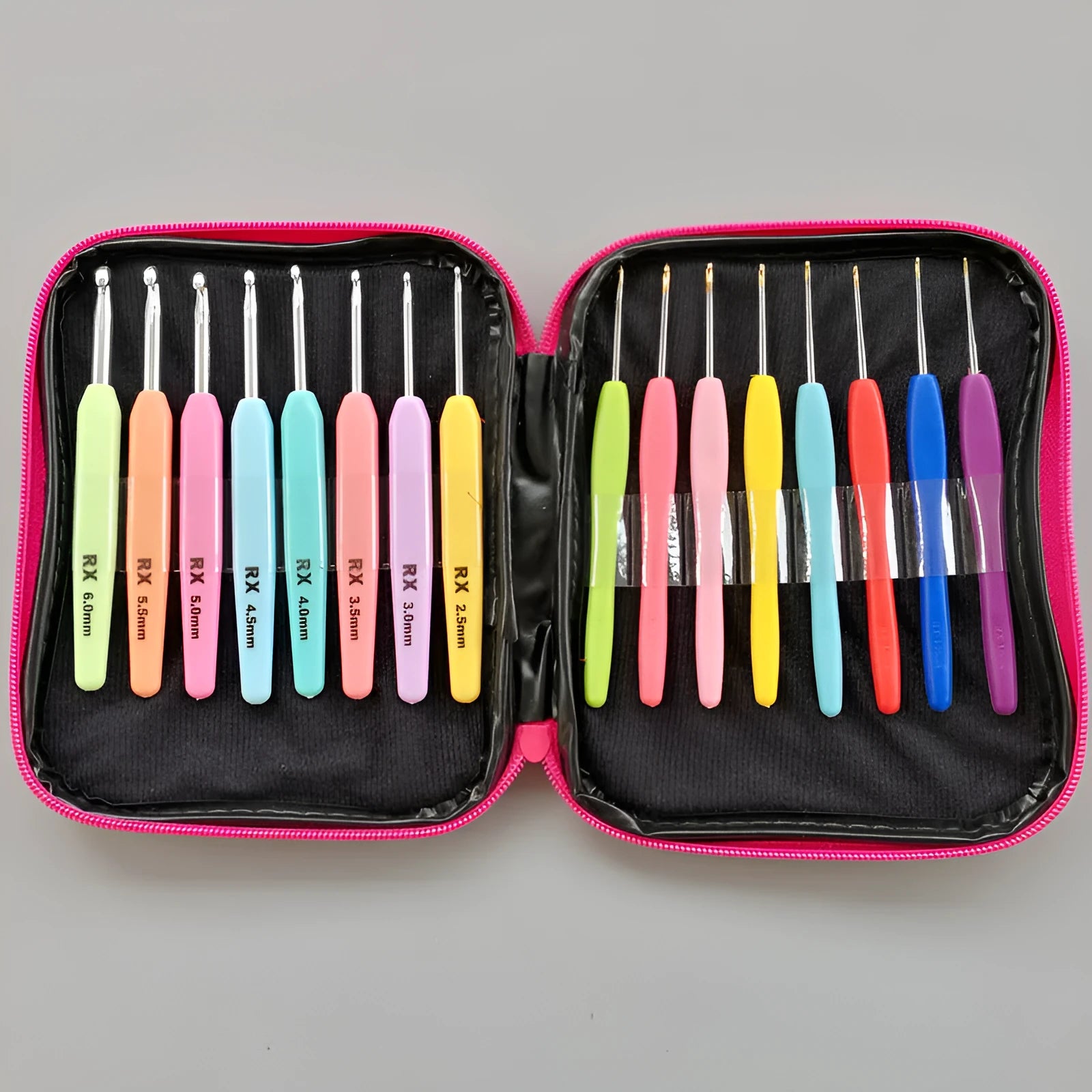 Set of 16 crochet hooks with different coloured handles in a grey PU storage bag
