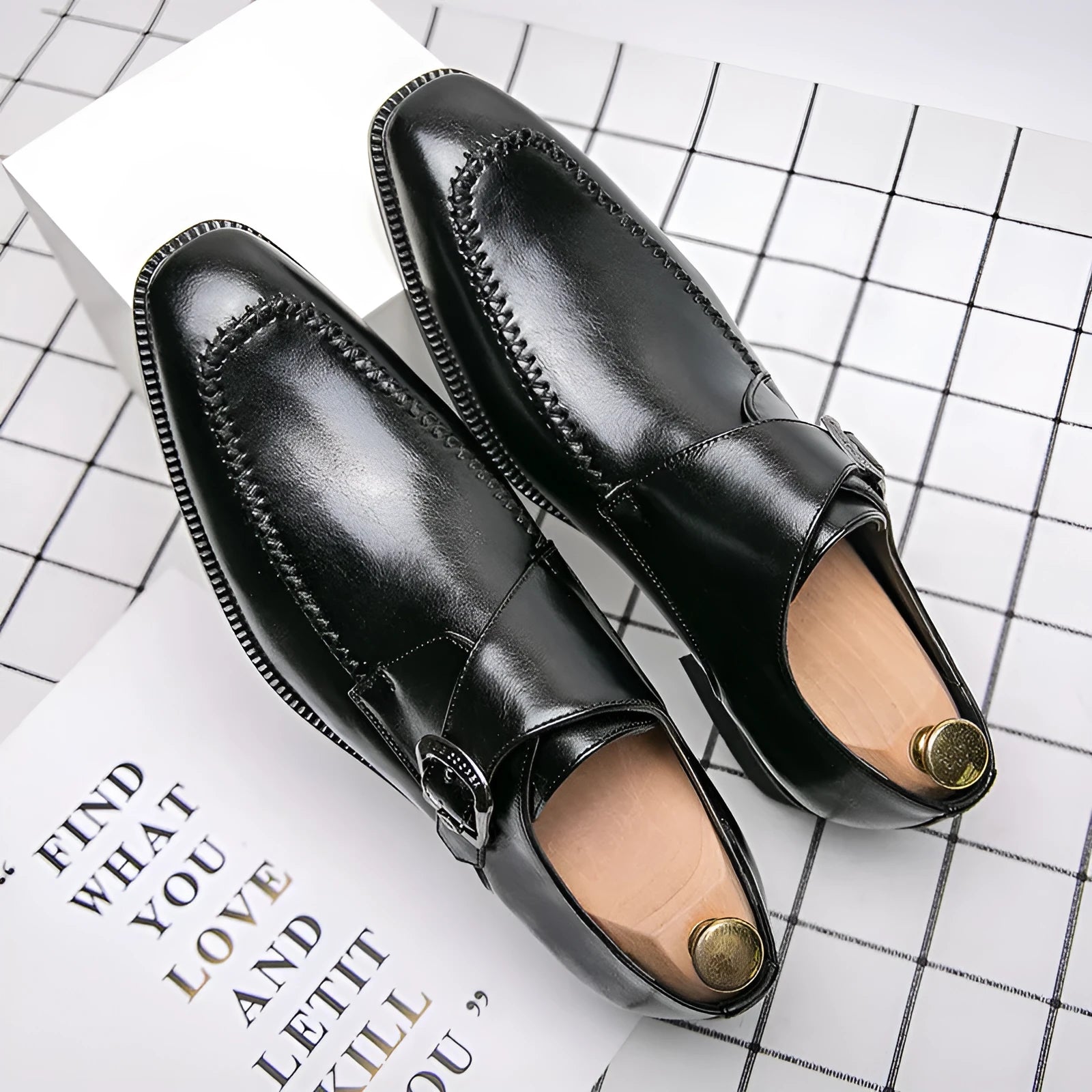 Men's square toe low-top buckle dress shoes in brown microfiber suede leather with stitching detail and rubber sole
