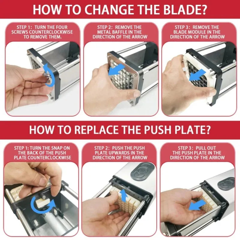Black electric french fry cutter with stainless steel blades for cutting vegetables into bars