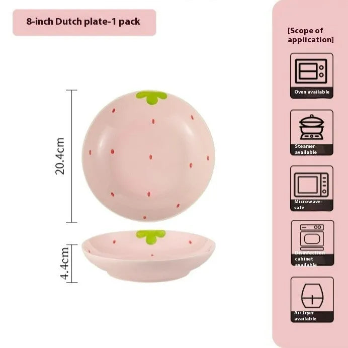 Strawberry-themed porcelain dinnerware set with plates, flower bowls, and microwave-safe spoons