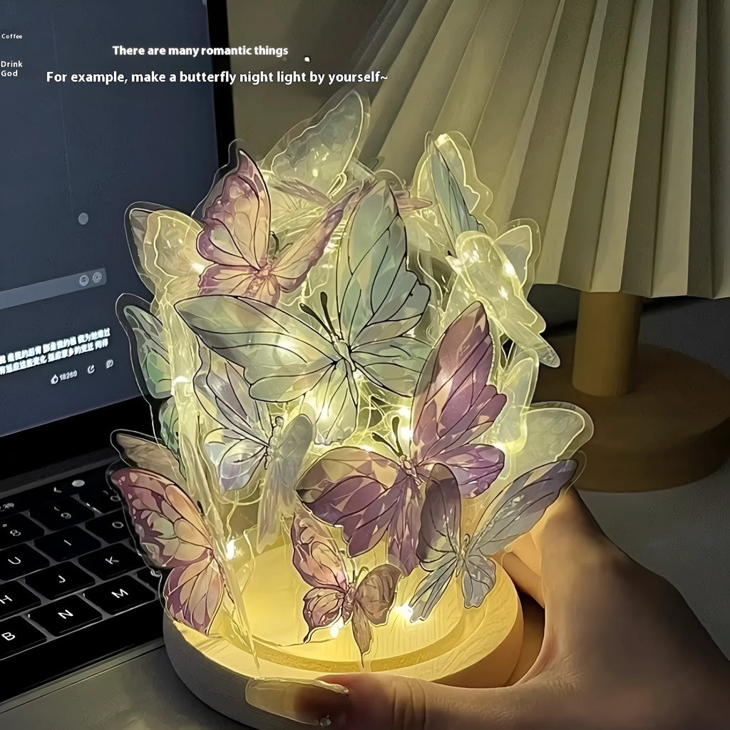 Handmade butterfly night light DIY kit with glass shade and raw wood base on a bedside table.
