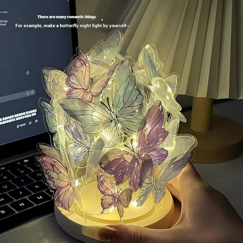 Butterfly night light with glass lampshade on raw wood base for bedroom ambience lighting