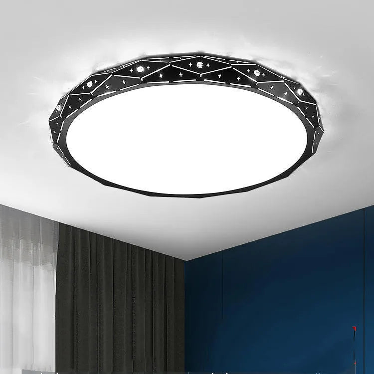 Round iron frame LED ceiling light showing black and white finish options in various diameters