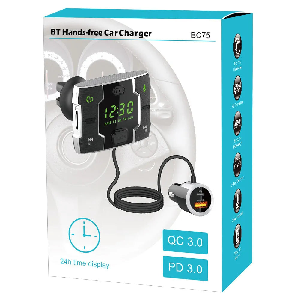Black car FM transmitter music player with 1.2-inch display for Bluetooth streaming and MP3 playback