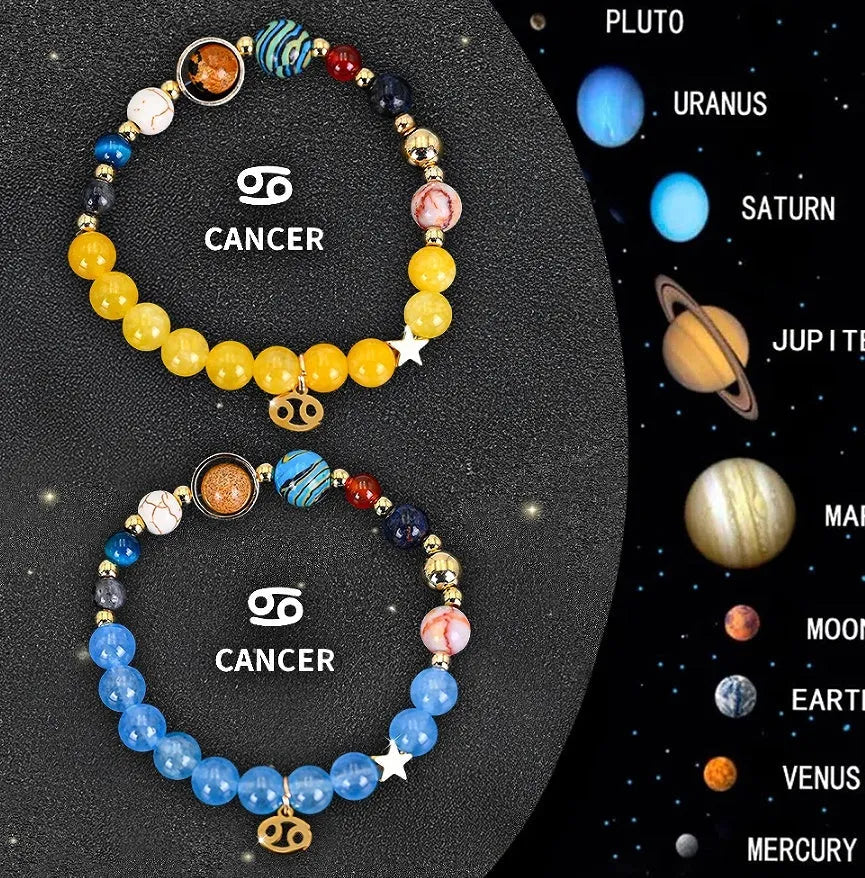 Twelve zodiac sign natural stone beaded bracelets showing different astrology designs