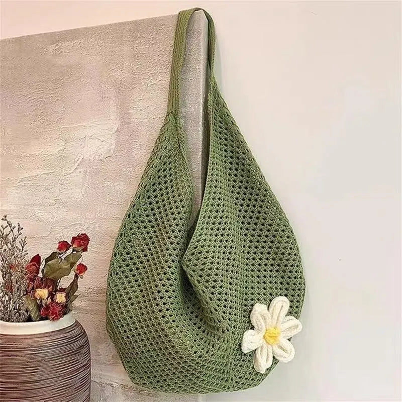 Hand-woven hollow shoulder bag in cotton and linen, beige colour, open pocket design with double straps