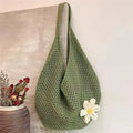 Hand-woven hollow shoulder bag in cotton and linen, beige colour, open pocket design with double straps