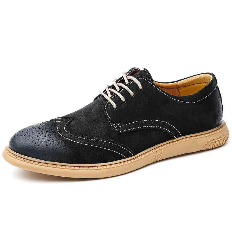 Men's low-top lace-up business shoes in genuine cowhide leather, shown in grey, sand, black, and green colour options.
