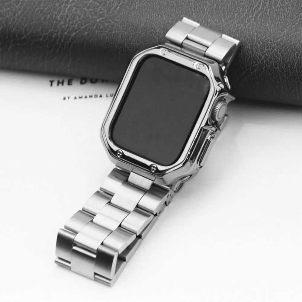 Stainless steel link band and black TPU protective frame for Apple Watch 44mm case