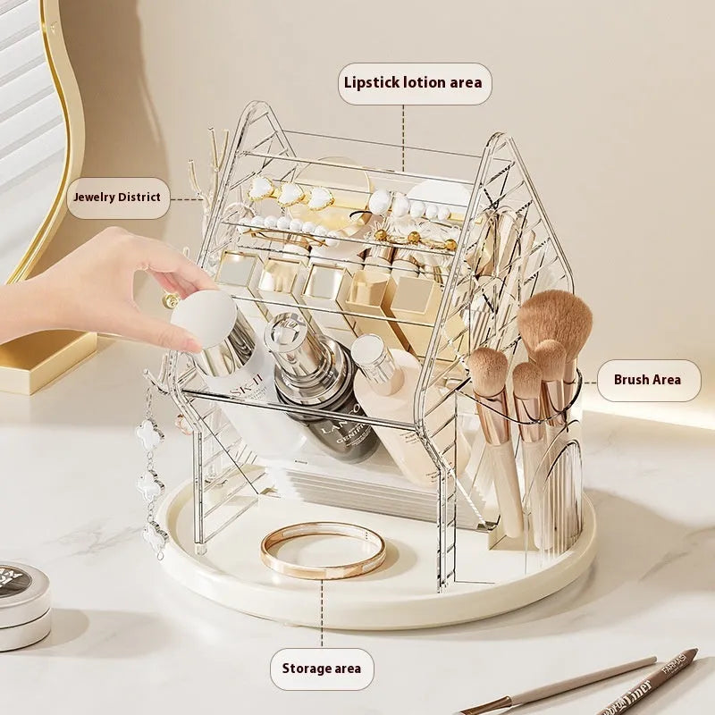 Transparent plastic rotating cosmetics storage box in clear and amber gold colour on a vanity table.