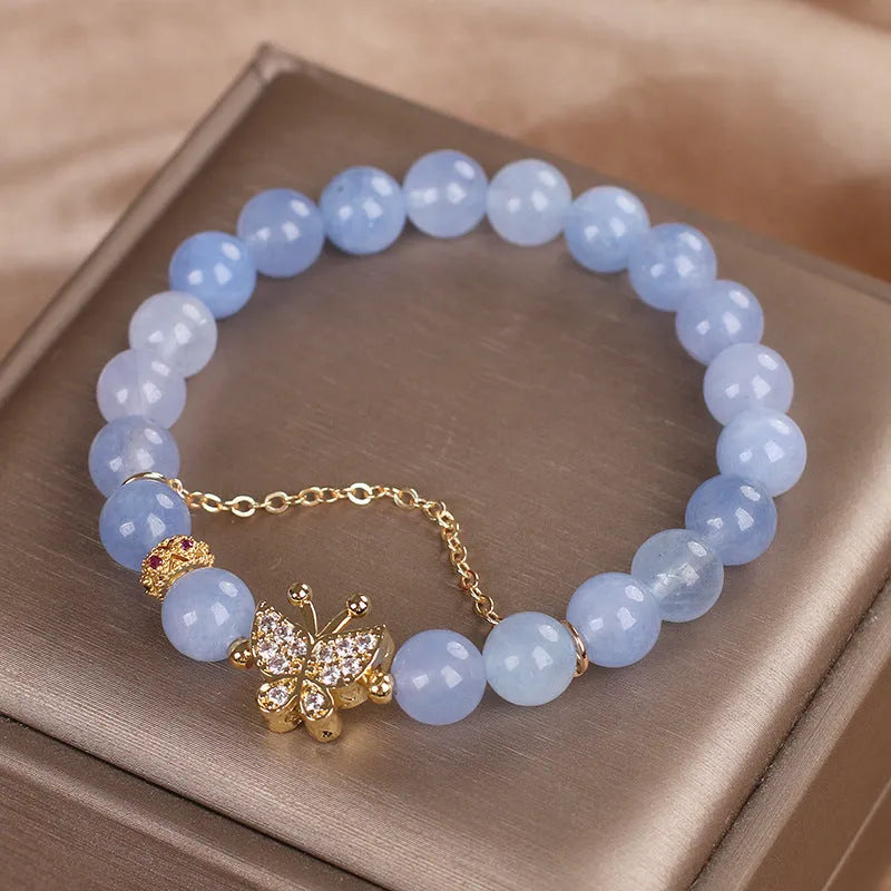 Sky blue butterfly crystal bracelet for women with pearl and rhinestone details