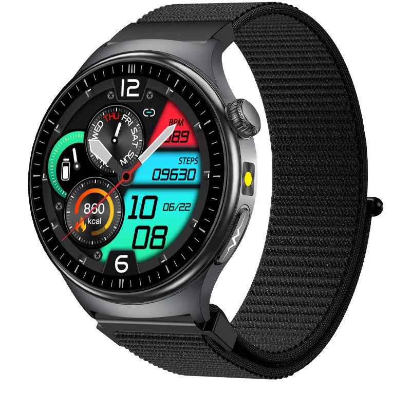 TK27 Bluetooth smart bracelet with black strap and 1.43 inch screen displaying health metrics, IP68 waterproof alloy metal shell