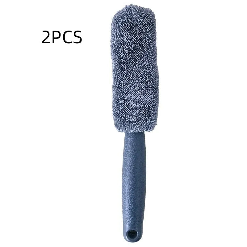 Blue microfiber car wash tyre brush with long 29 cm handle for cleaning wheels and tyres