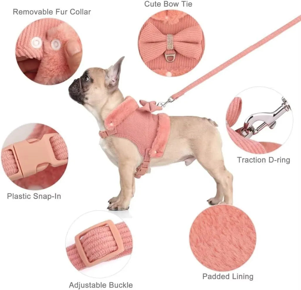 Small dog harness and leash set with bow tie, removable fur collar, padded adjustable harness and 150cm lead