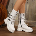 Black women's mid-calf boots with a metal buckle strap and side zip on a round toe.