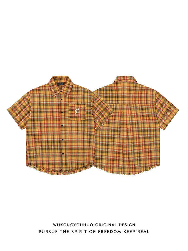 Yellow grid plaid shirt with American embroidery pocket detail on chest, short sleeves, loose fit