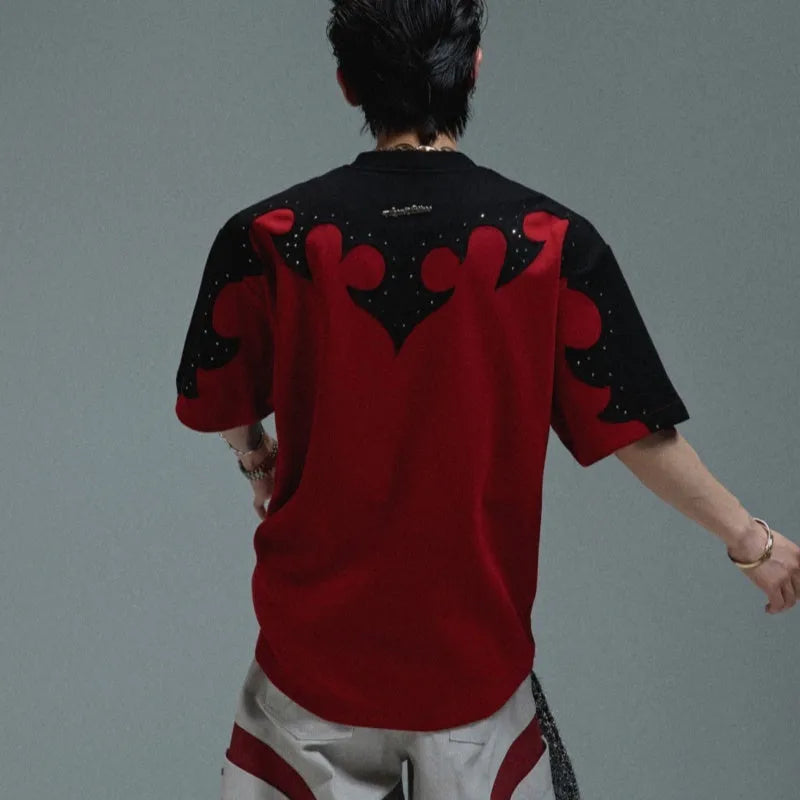 Men's red cotton short sleeve shirt with drop shoulders and 3D stitched rhinestone flower pattern detail.