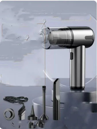 Cordless handheld car vacuum cleaner with attachments on brushed aluminium surface