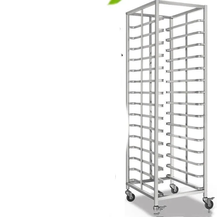 Stainless steel commercial tray rack with six levels for 40x60cm baking sheets, featuring a locking mechanism.