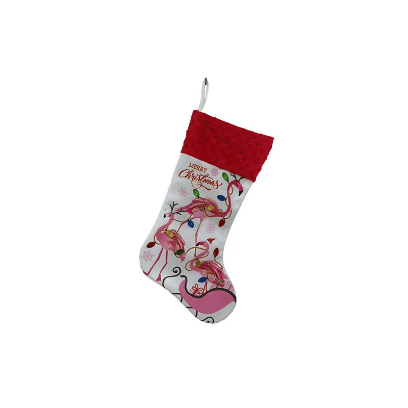 Large red flamingo-themed cloth Christmas stocking hanging for decoration