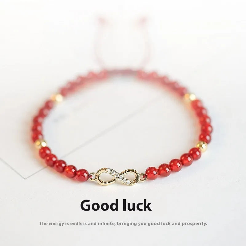 Hand-woven natural red agate bracelet showing diamond-shaped beads in ethnic woven pattern