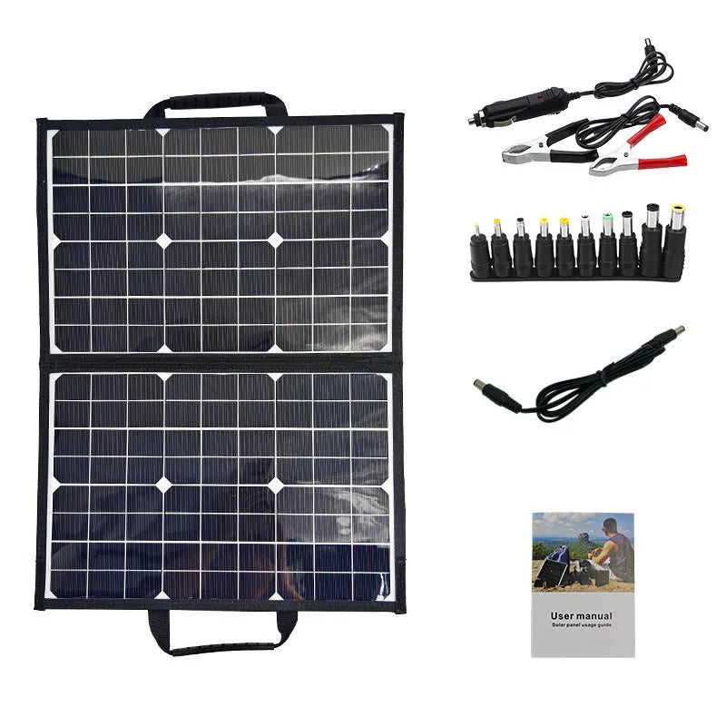 Black 40-watt single crystal solar panel folded inside its protective carry bag, showing compact size.
