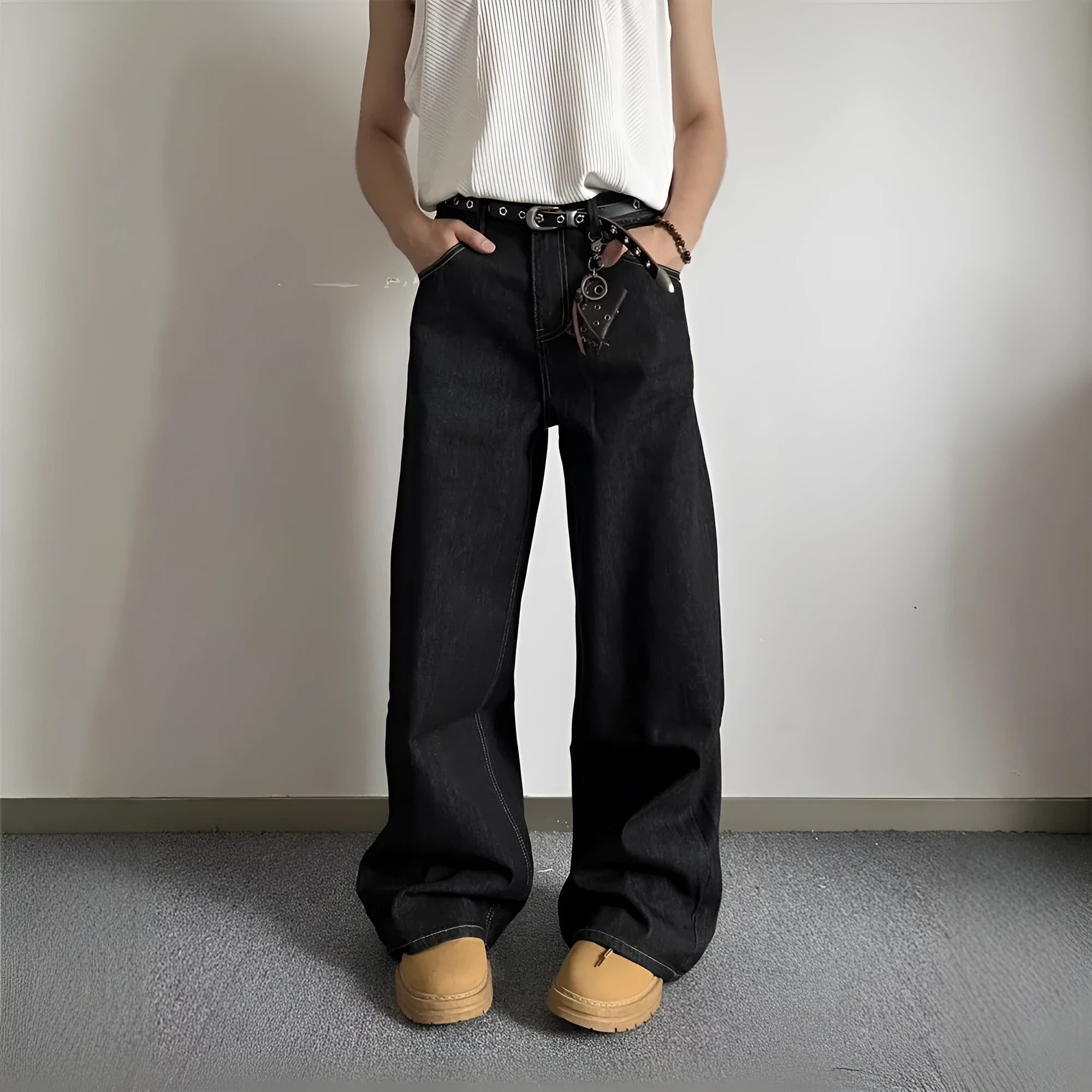 Black retro wide-leg jeans with straight-leg silhouette and mid-waist design