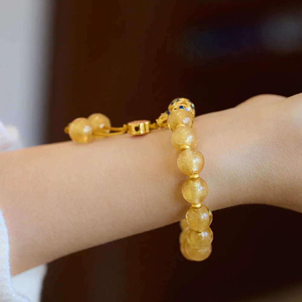 10mm natural stone beaded mixed stitching bracelet in gold foil colour with flower design