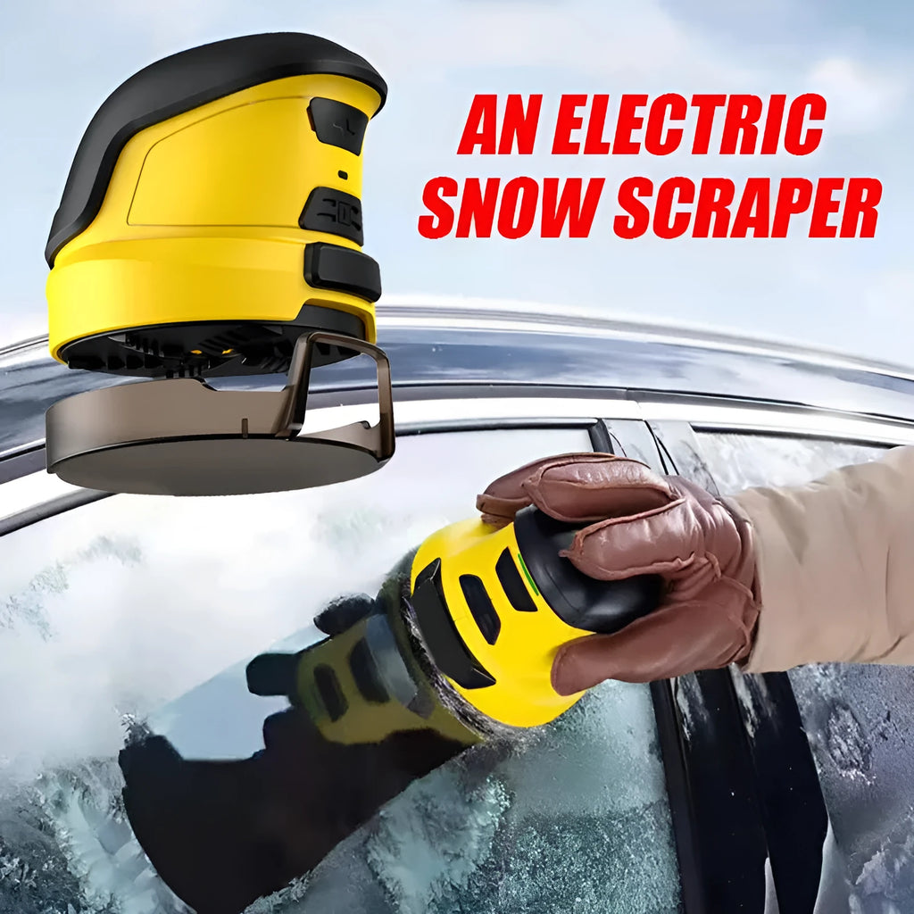 Yellow cordless electric car ice scraper with USB charging cable on a frosty car windscreen.
